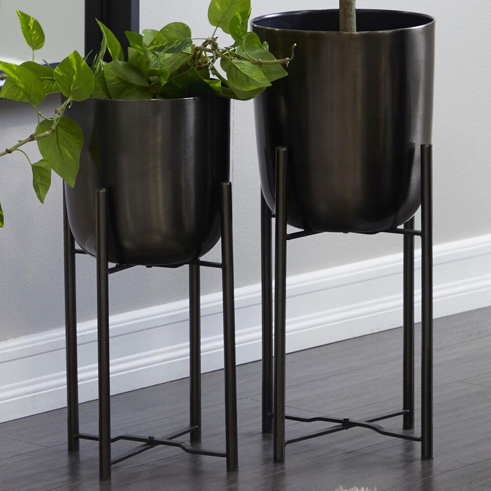 Maple and Jade Deep Recessed Dome Indoor/Outdoor Planter with Removable Stand in Polished Black &#40;Set of 2&#41;, , large