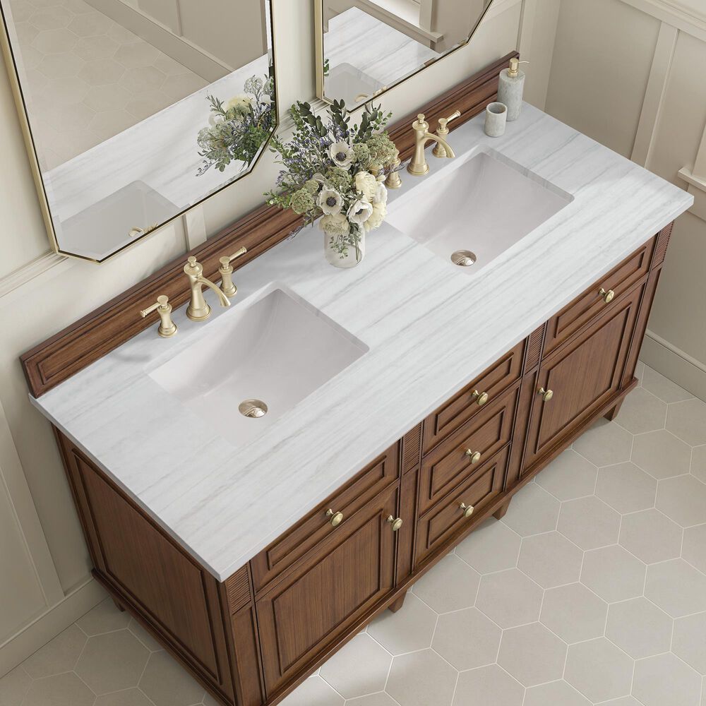 James Martin Vanities Lorelai 60&quot; Double Vanity in Mid-Century Walnut with 3 cm Arctic Fall Solid Surface Top, , large