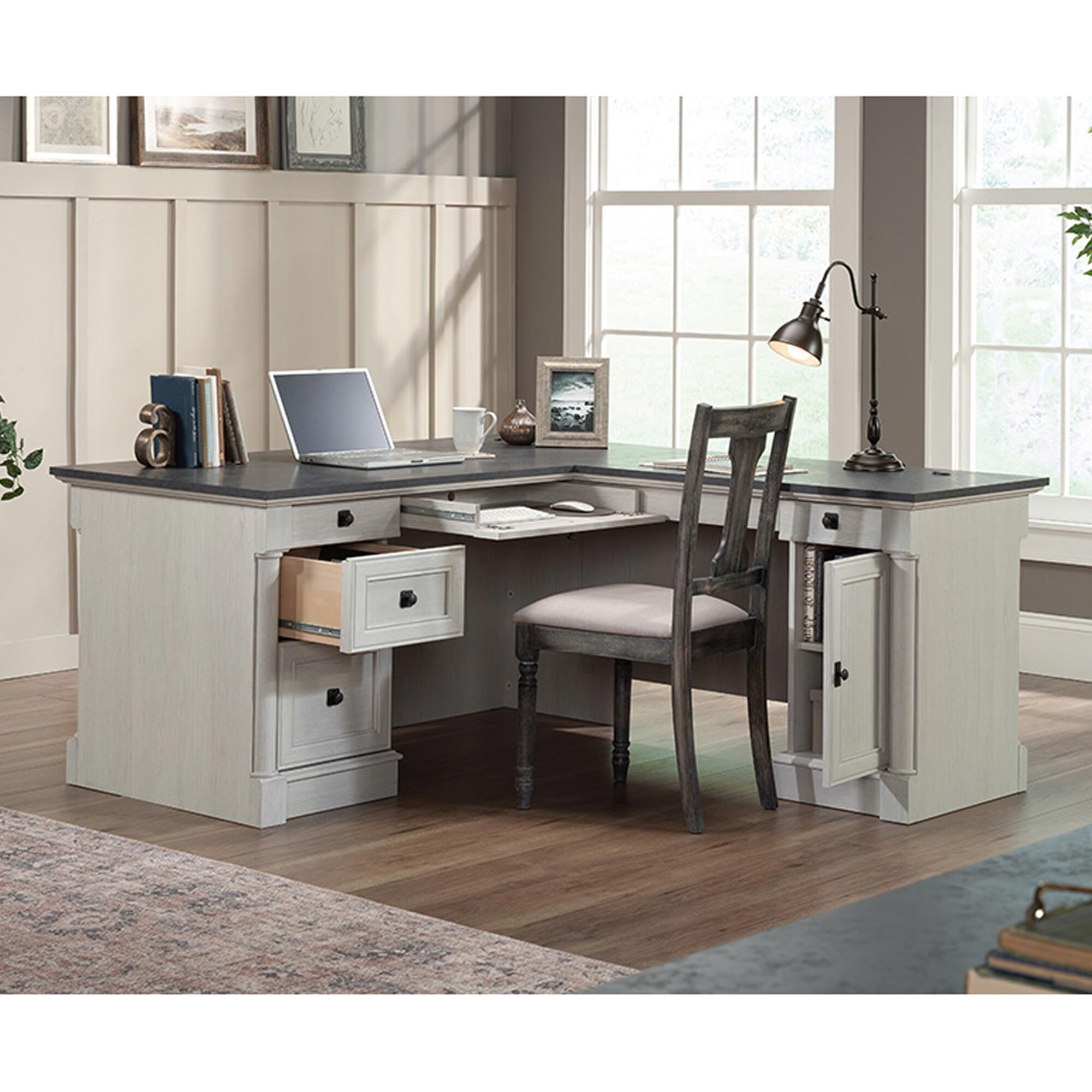 Sauder Palladia L-Shaped Desk in Glacier Oak and Rosso Slate