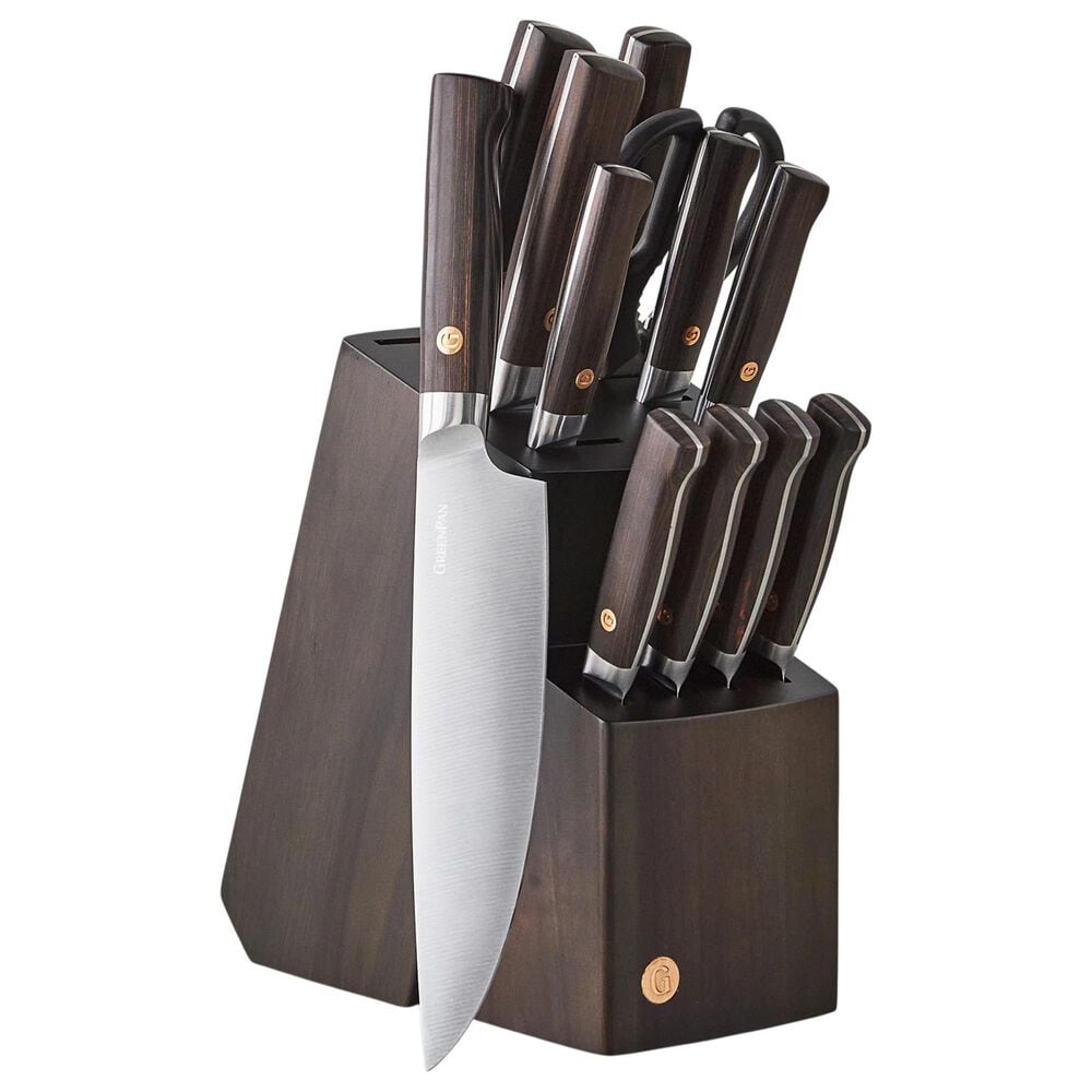 Green Pan Elite 13-Piece Knife Block Set with Light Wood Handles in Stainless Steel, , large