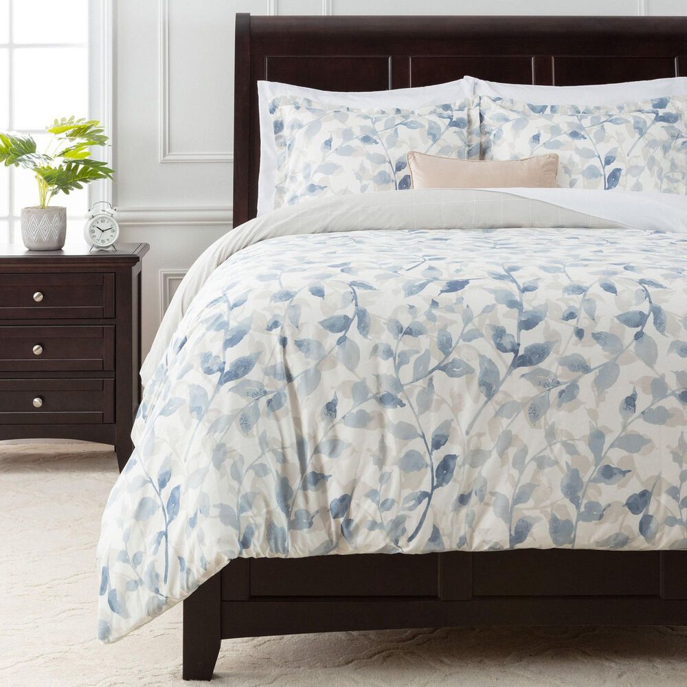 Layered Leaf 3-Piece Queen Duvet Cover Set in Blue and Taupe, , large