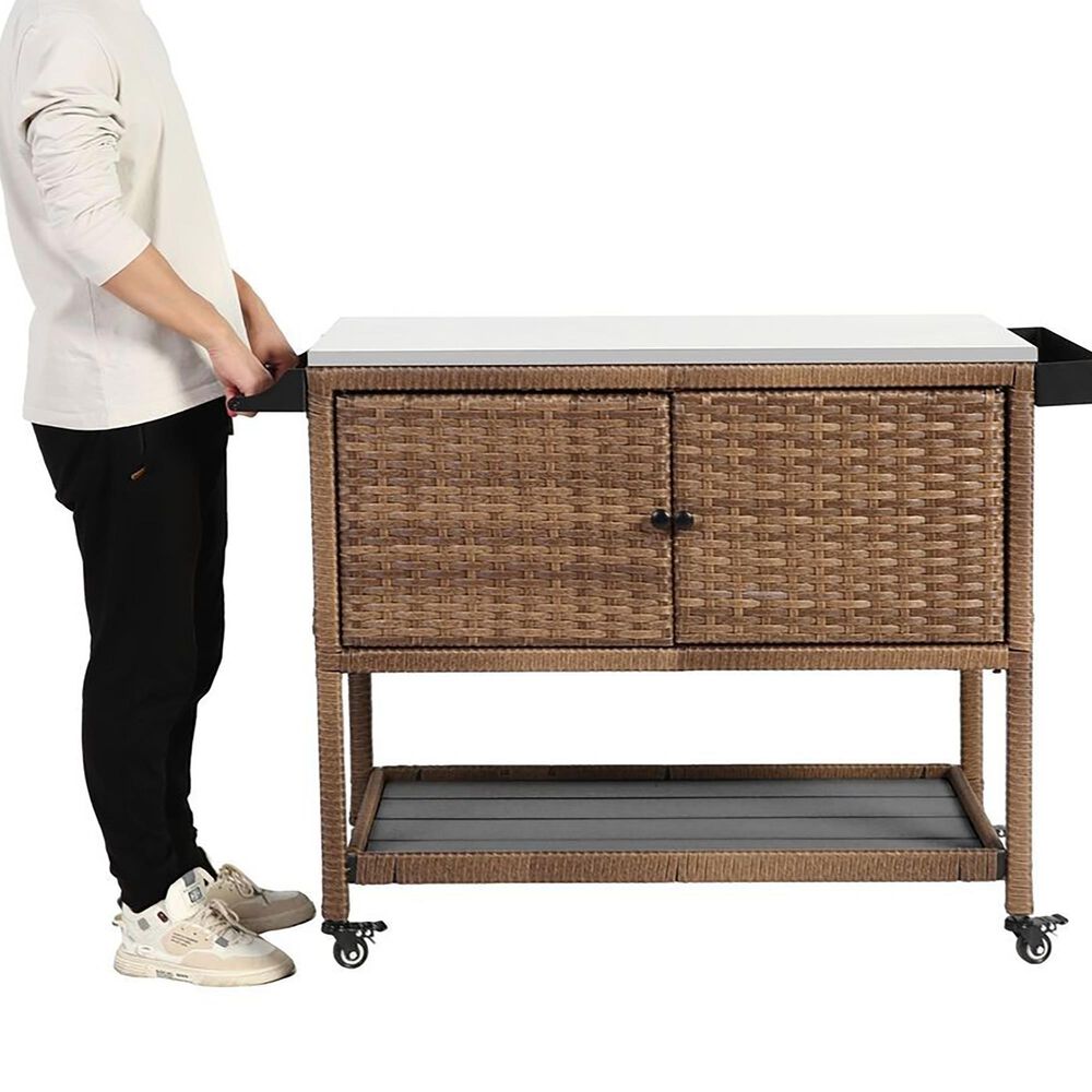Hearth and Haven Outdoor Wicker Bar Cart with Glass Top in Brown, , large