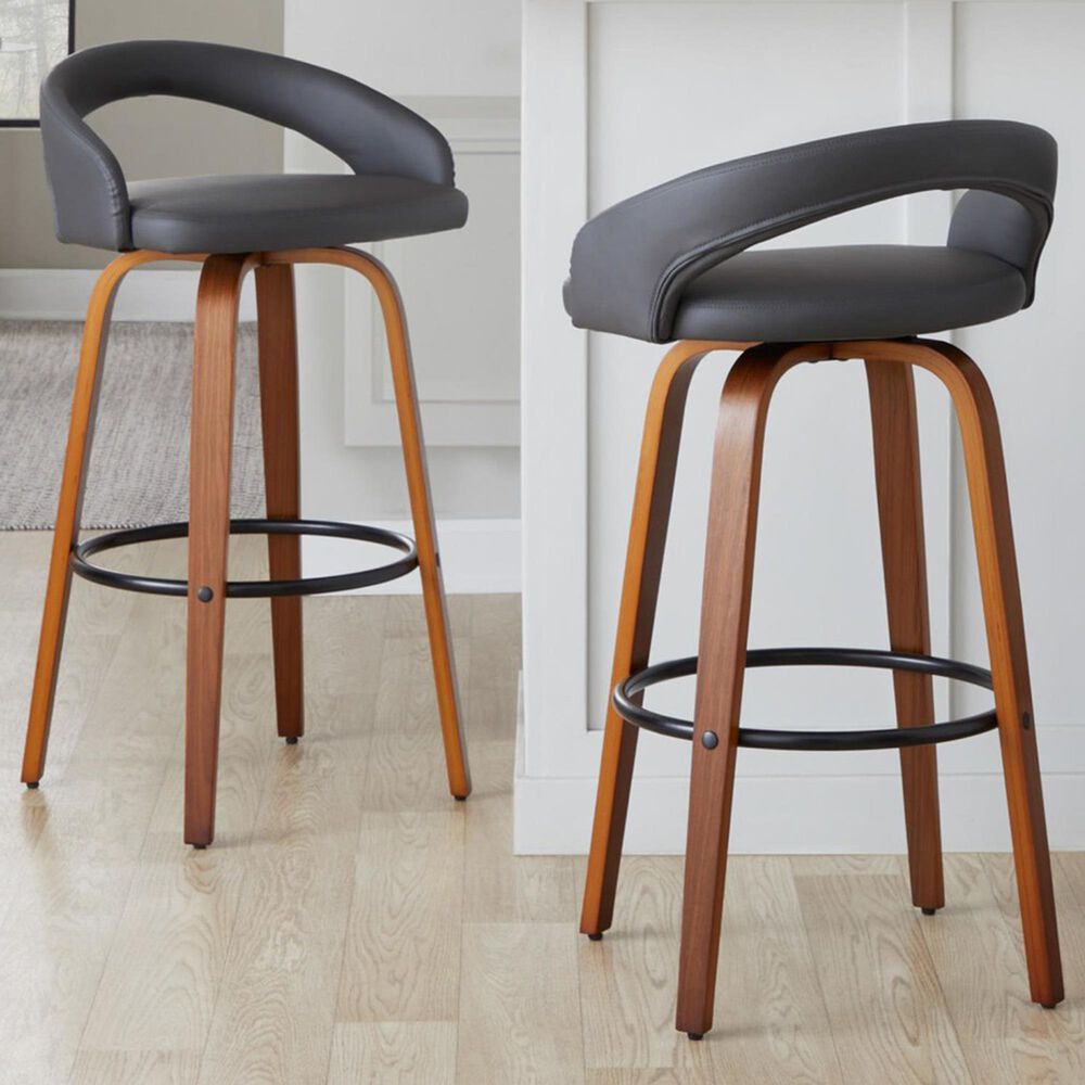 LumiSource Grotto Swivel Bar Stool with Grey Faux Leather Upholstery in Walnut Wood and Black (Set of 2), , large