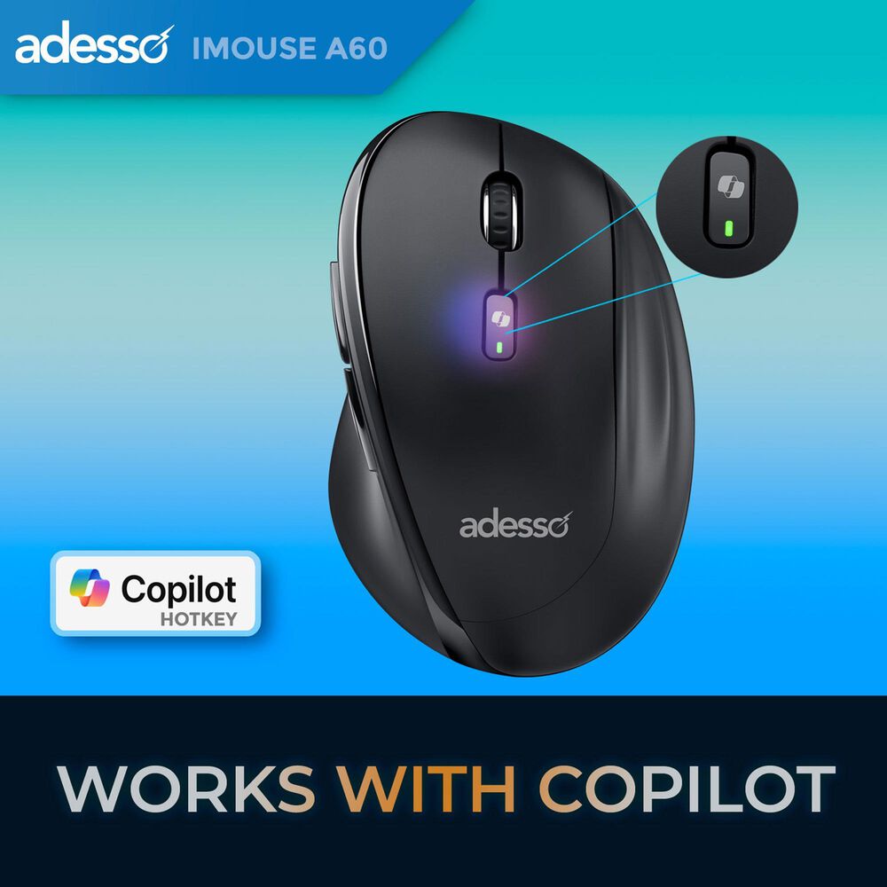 Adesso Wireless Ergonomic Mouse with Copilot AI Button in Black, , large