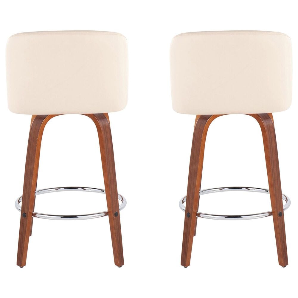 LumiSource Toriano Swivel Counter Stool with Cream Faux Leather Upholstery in Walnut and Chrome (Set of 2), , large