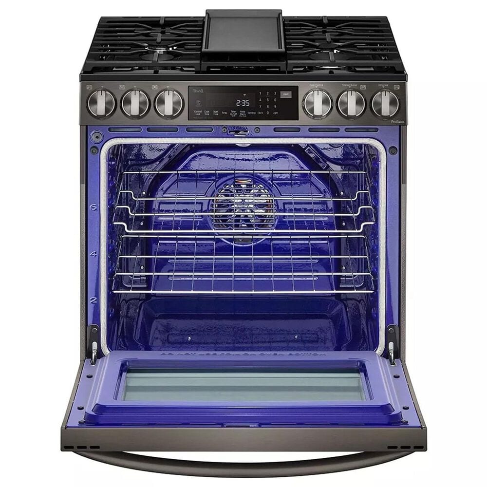 LG 2-Piece Kitchen Package with 6.3 Cu. Ft. Gas Range and Over-the-Range Microwave in Print Proof Black Stainless Steel, , large