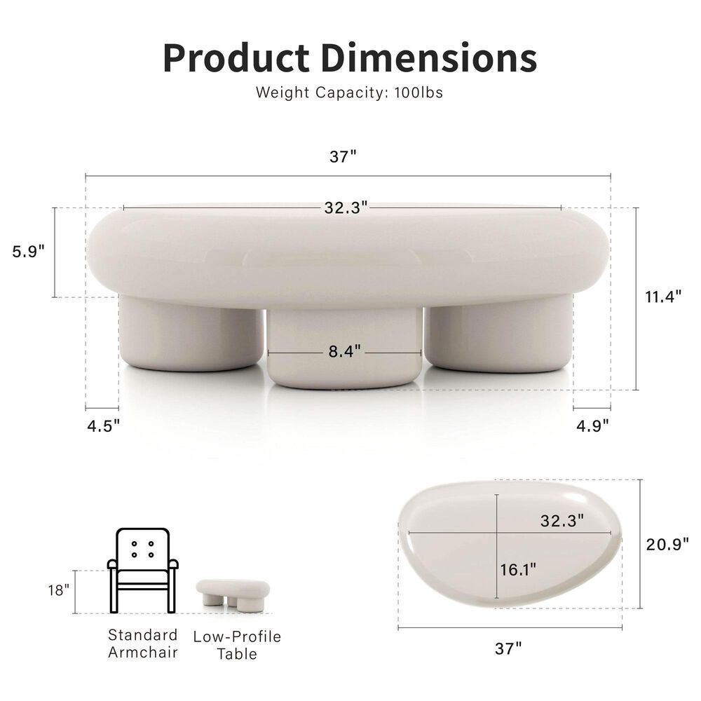 Furniture of America Rene Low Profile Glossy Coffee Table in Cream, , large
