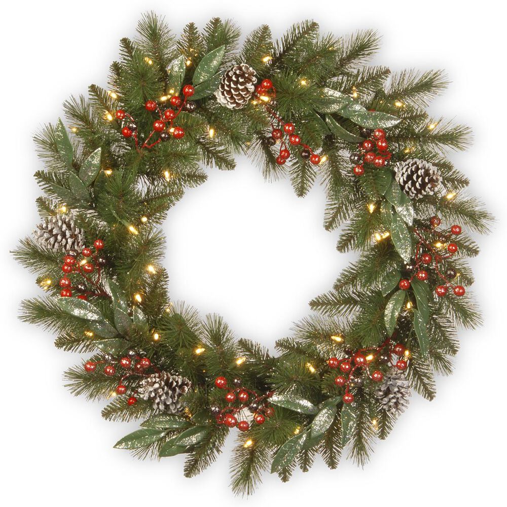 National Tree 24" Frosted Pine Berry Wreath with Battery Operated Lights, , large