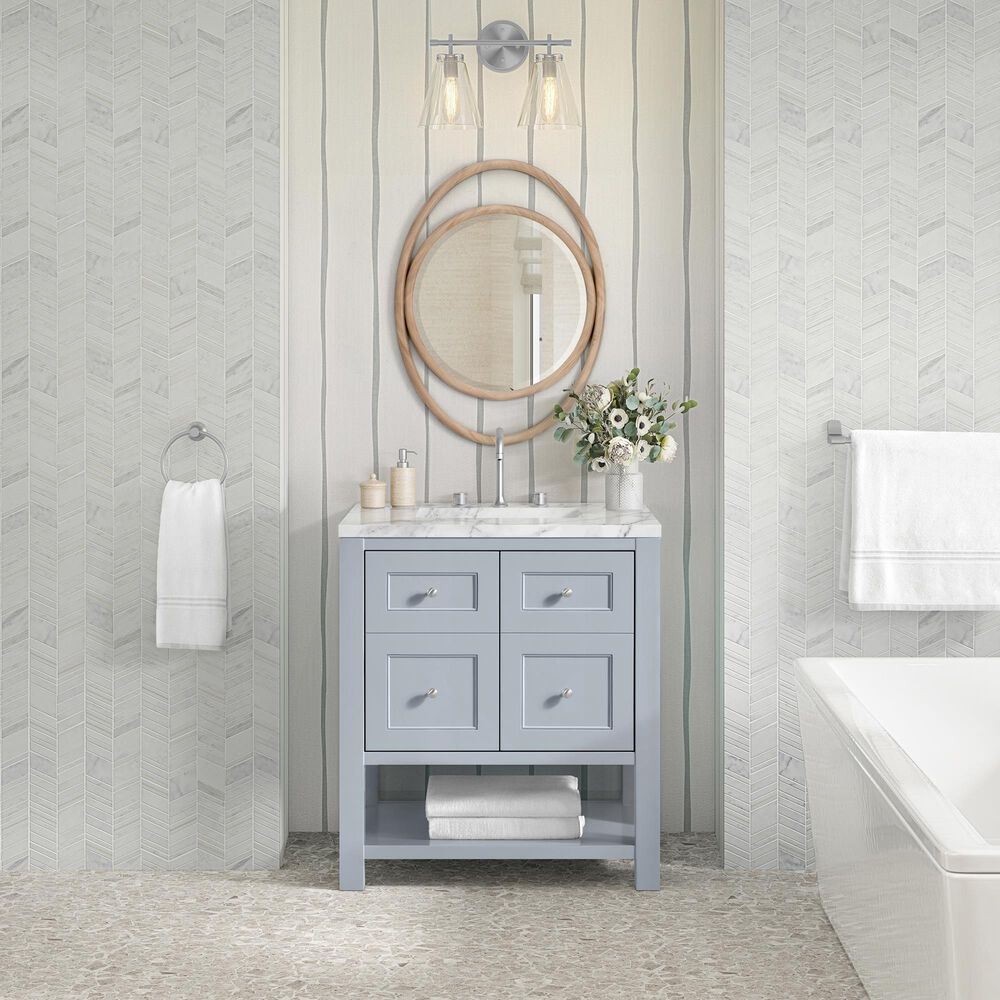 James Martin Vanities Breckenridge 30&quot; Single Bathroom Vanity in Serenity Blue with 3 cm Carrara White Marble Top and Rectangular Sink, , large