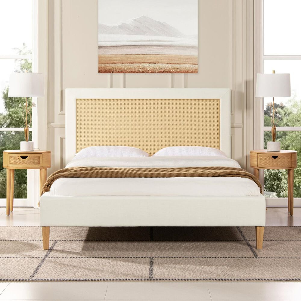 Jennifer Taylor Home Haley Queen Platform Bed with Snow White Upholstered in Natural, , large