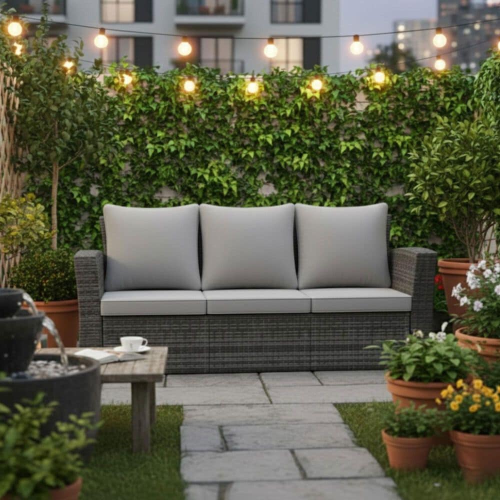 Hearth and Haven Outdoor Sofa with Black Wicker Frame in Gray, , large