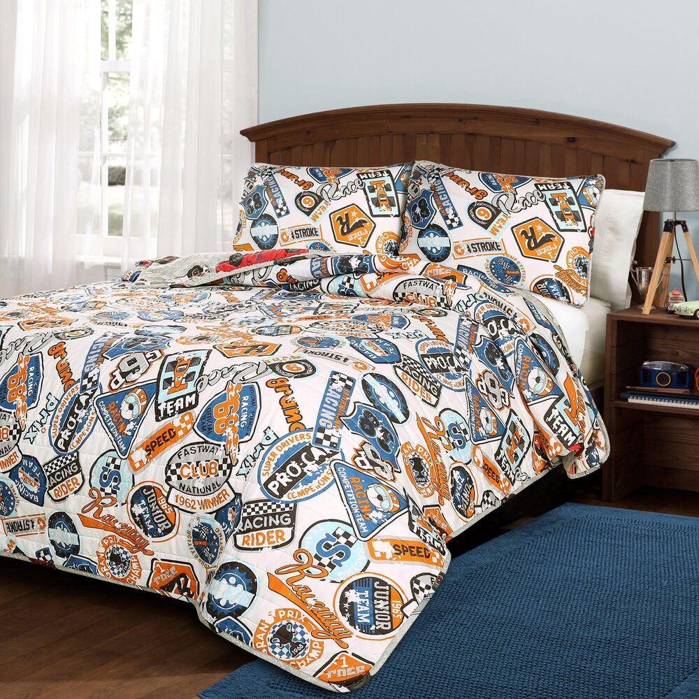 Triangle Home Fashions Race Cars 2-Piece Twin Quilt Set in Blue and Orange, , large