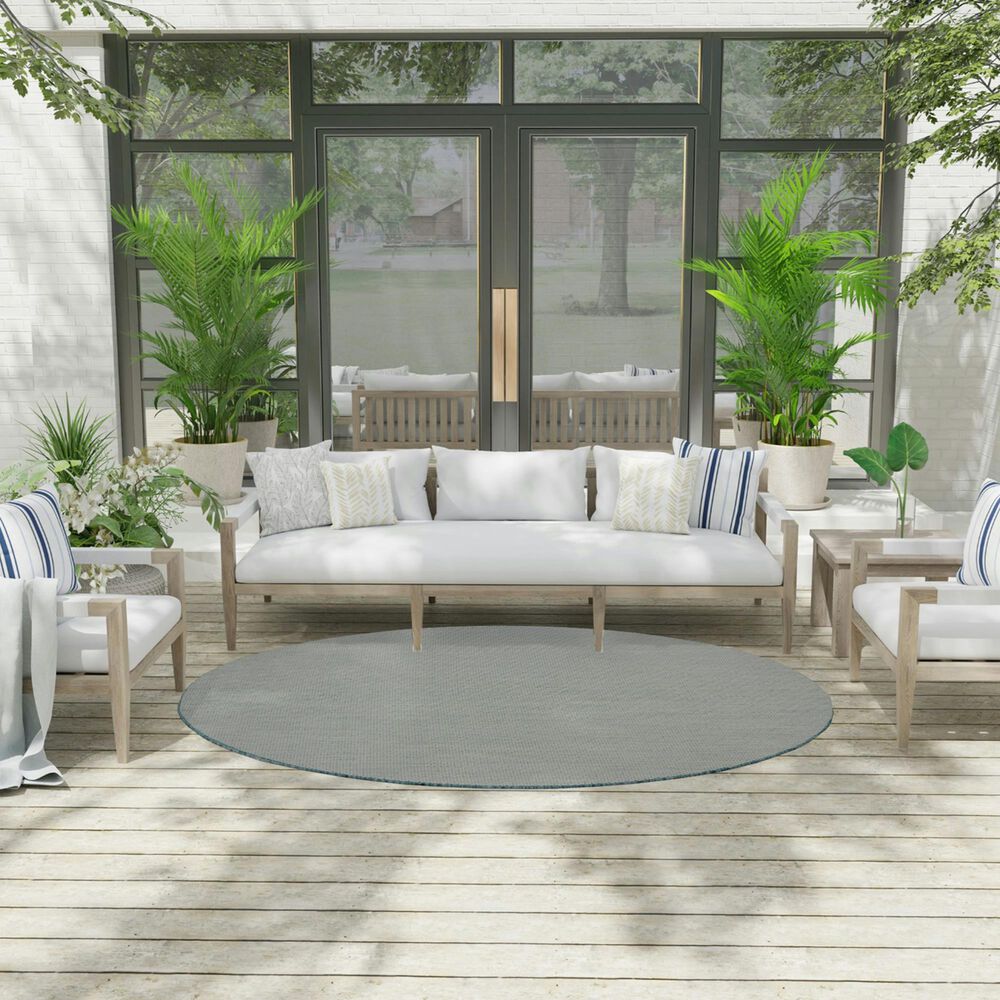 Nourison Courtyard Ivory and Aqua 6&#39; Round Indoor/Outdoor Area Rug, , large