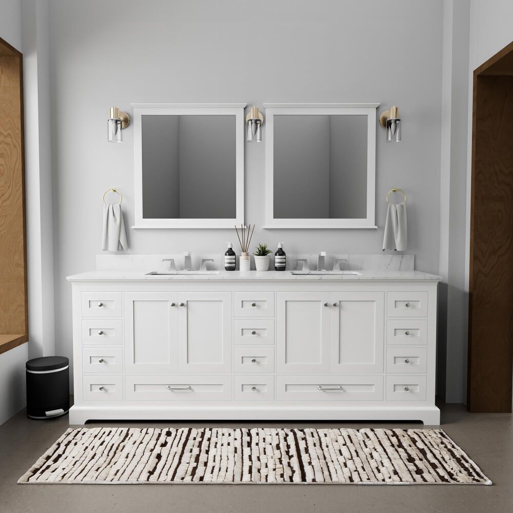 Lexora Home Dukes 84" Double Bathroom Vanity in White with 2 cm White Carrara Marble Top and Rectangular Sinks, , large