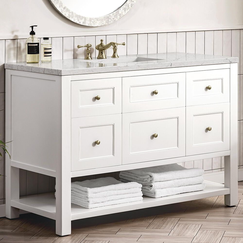 James Martin Breckenridge 48&quot; Single Bathroom Vanity in Bright White with 3 cm Eternal Jasmine Pearl Quartz Top and Rectangular Sink, , large