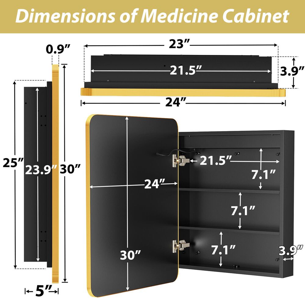 HOMLUX 24" x 30" Bathroom Medicine Cabinet with Mirror in Gold, , large