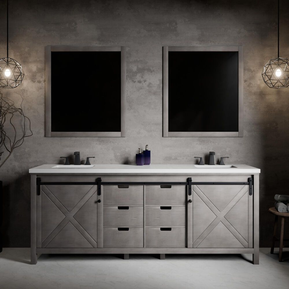 Lexora Home Marsyas 84" Double Bathroom Vanity in Ash Grey with 2 cm White Cultured Marble Top and Rectangular Sinks, , large