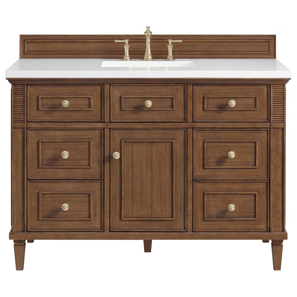 James Martin Vanities Lorelai 48" Single Vanity in Mid-Century Walnut with 3 cm White Zeus Quartz Top, , large