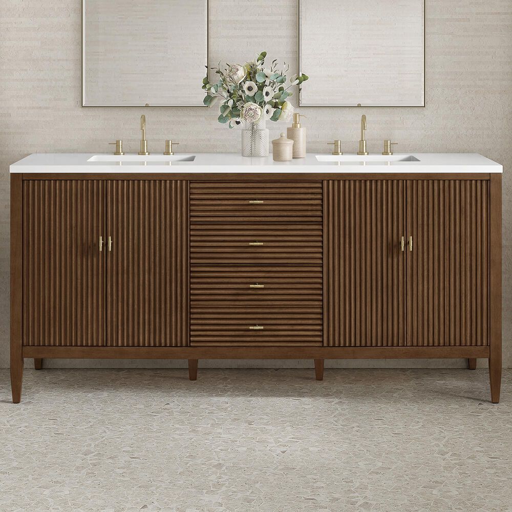 James Martin Vanities Myrrin 72&quot; Double Vanity in Mid-Century Walnut with 3 cm White Zeus Quartz Top, , large