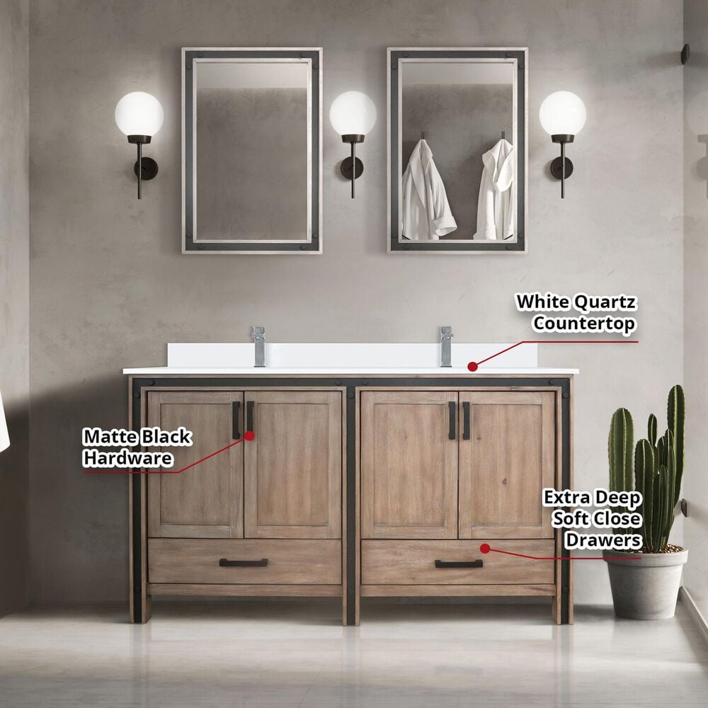 Lexora Home Ziva 60&quot; Double Bathroom Vanity in Rustic Barnwood with 2 cm White Quartz Top and Rectangular Sinks, , large