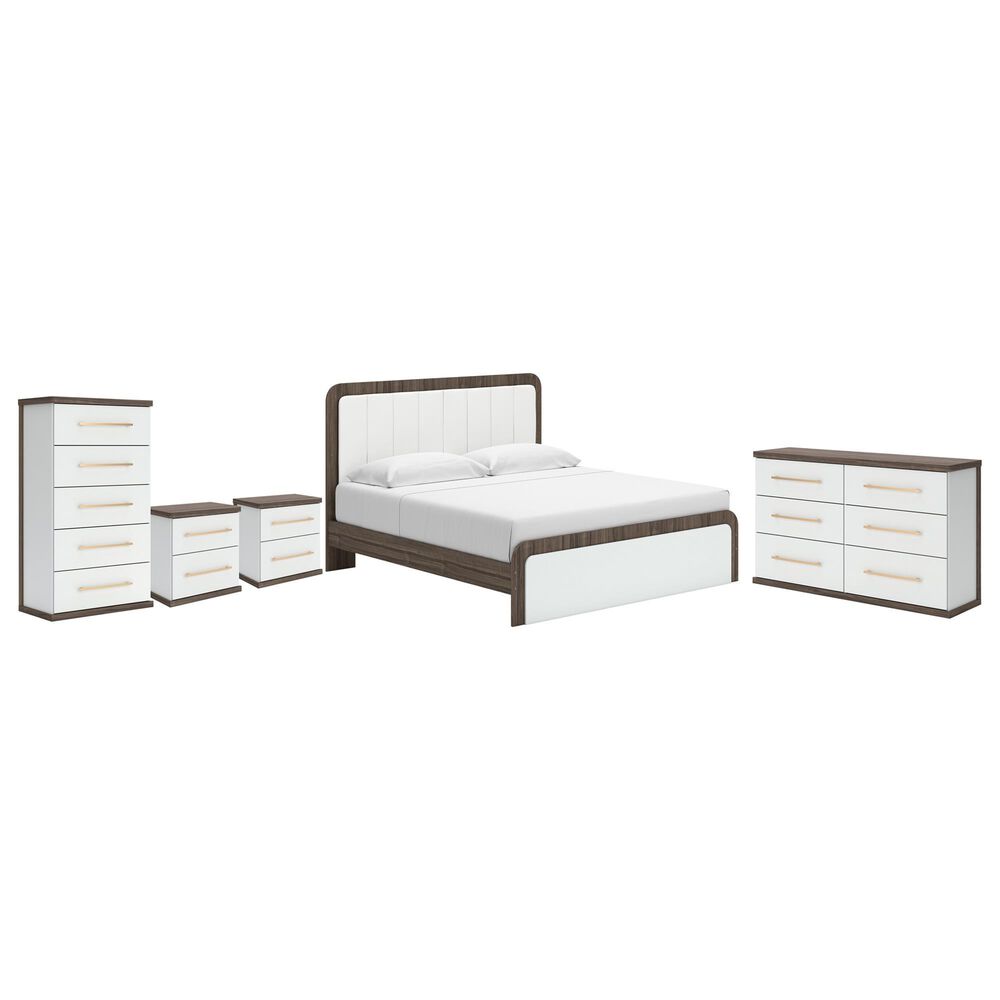 Ashley Kendanport King Upholstered Bed with Dresser, Chest, and Two Nightstands in Brown and White, , large