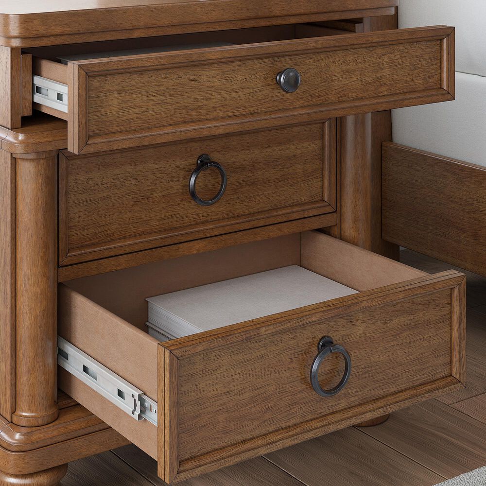 Ashley Rowlenstown 3 Drawer Nightstand in Medium Brown with Outlet and USB Ports, , large