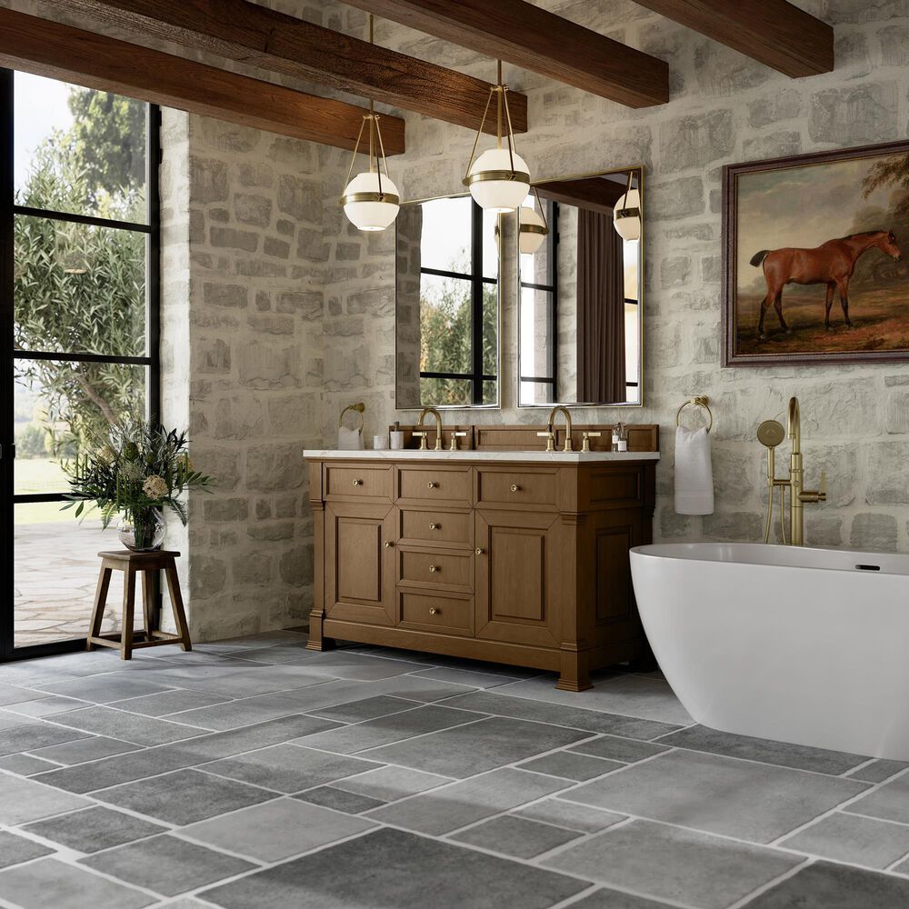 James Martin Vanities Brookfield 60" Double Bathroom Vanity in Honey Oak with 3 cm Victorian Silver Quartz Top and Rectangular Sinks, , large