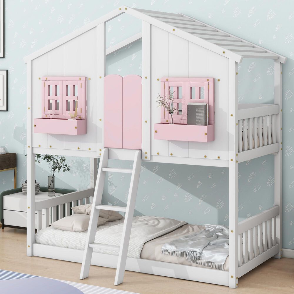 Hearth and Haven Twin over Twin House Bunk Bed with Roof in Pink and White, , large
