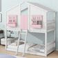 Hearth and Haven Twin over Twin House Bunk Bed with Roof in Pink and White, , large