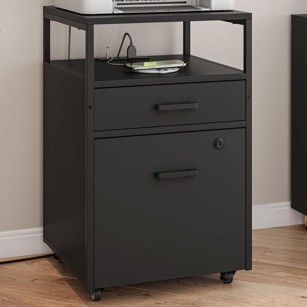 Rta Products Llc Modern Rolling File Cabinet with USB Charging Ports and Power Outlet in Black, , large