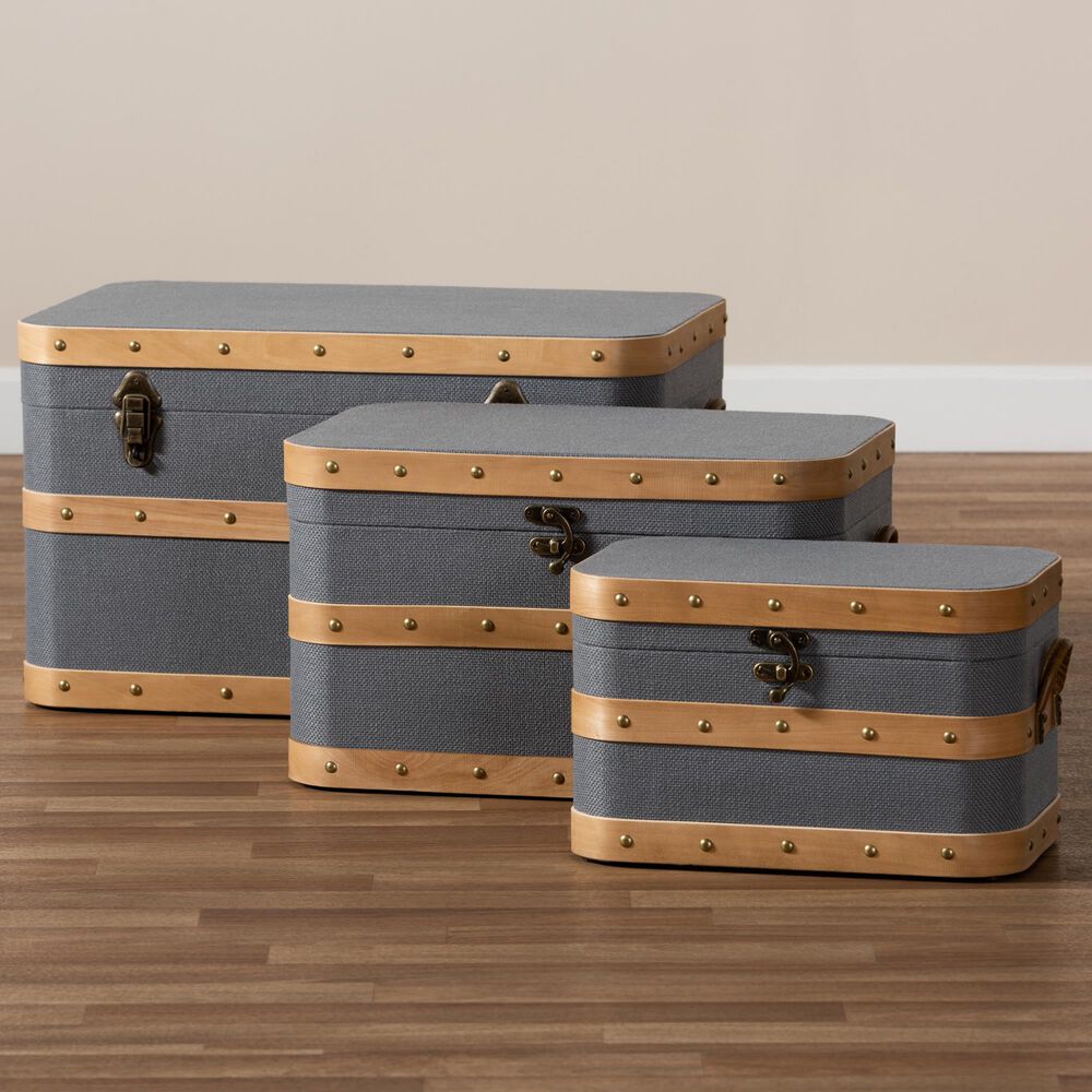 Baxton Studio Jonathon 3-Piece Storage Trunk Set in Grey/Oak Brown, , large