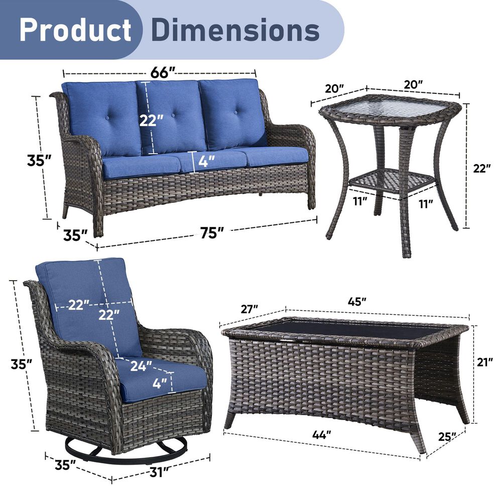 Sunwell Garden 5-Piece Patio Conversation Set with Brown Rattan in Blue, , large