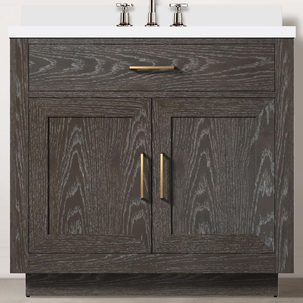 Lexora Home Abbey 36&quot; Single Bathroom Vanity in Brown Oak with 2 cm White Cultured Marble Top and Rectangular Sink, , large