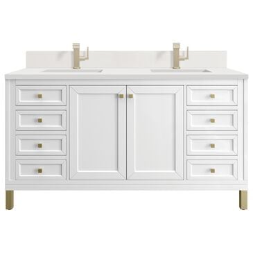 James Martin Vanities Chicago 60" Double Bathroom Vanity in Glossy White with Single Hole 3 cm White Zeus Quartz Top and Rectangular Sinks, , large