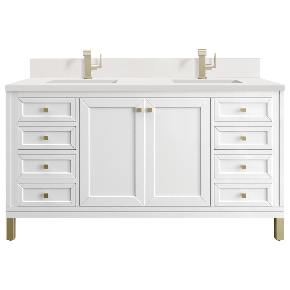 James Martin Vanities Chicago 60" Double Bathroom Vanity in Glossy White with Single Hole 3 cm White Zeus Quartz Top and Rectangular Sinks, , large
