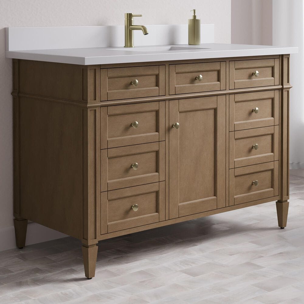 James Martin Brittany 48" Single Bathroom Vanity in Pecan with Single Hole 3 cm White Zeus Silestone Top and Rectangular Sink, , large