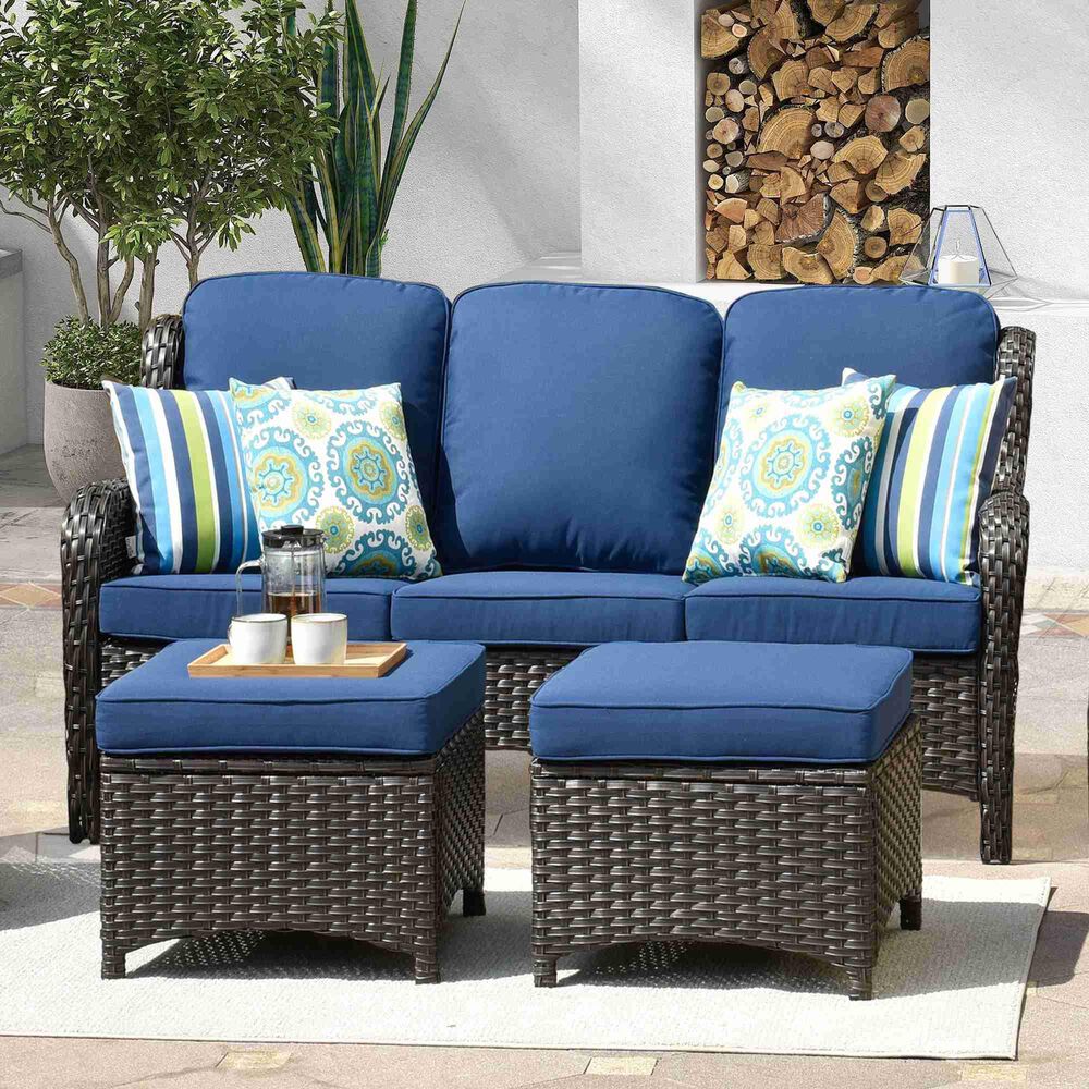 HOMLUX 3-Piece 72" Patio Sofa and Ottoman Set with Brown Wicker in Navy Blue, , large