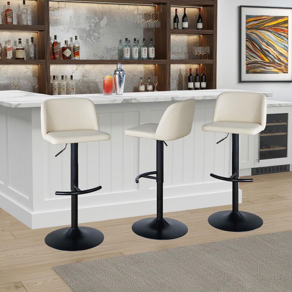 LumiSource Toriano Swivel Adjustable Bar Stool with Cream Faux Leather Upholstery in Black (Set of 2), , large