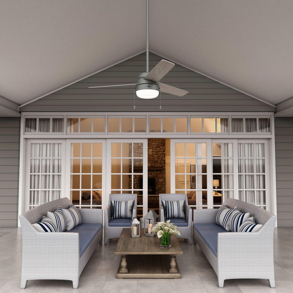 Hunter Aker 52&quot; Outdoor Ceiling Fan with LED Lights in Matte Silver, , large