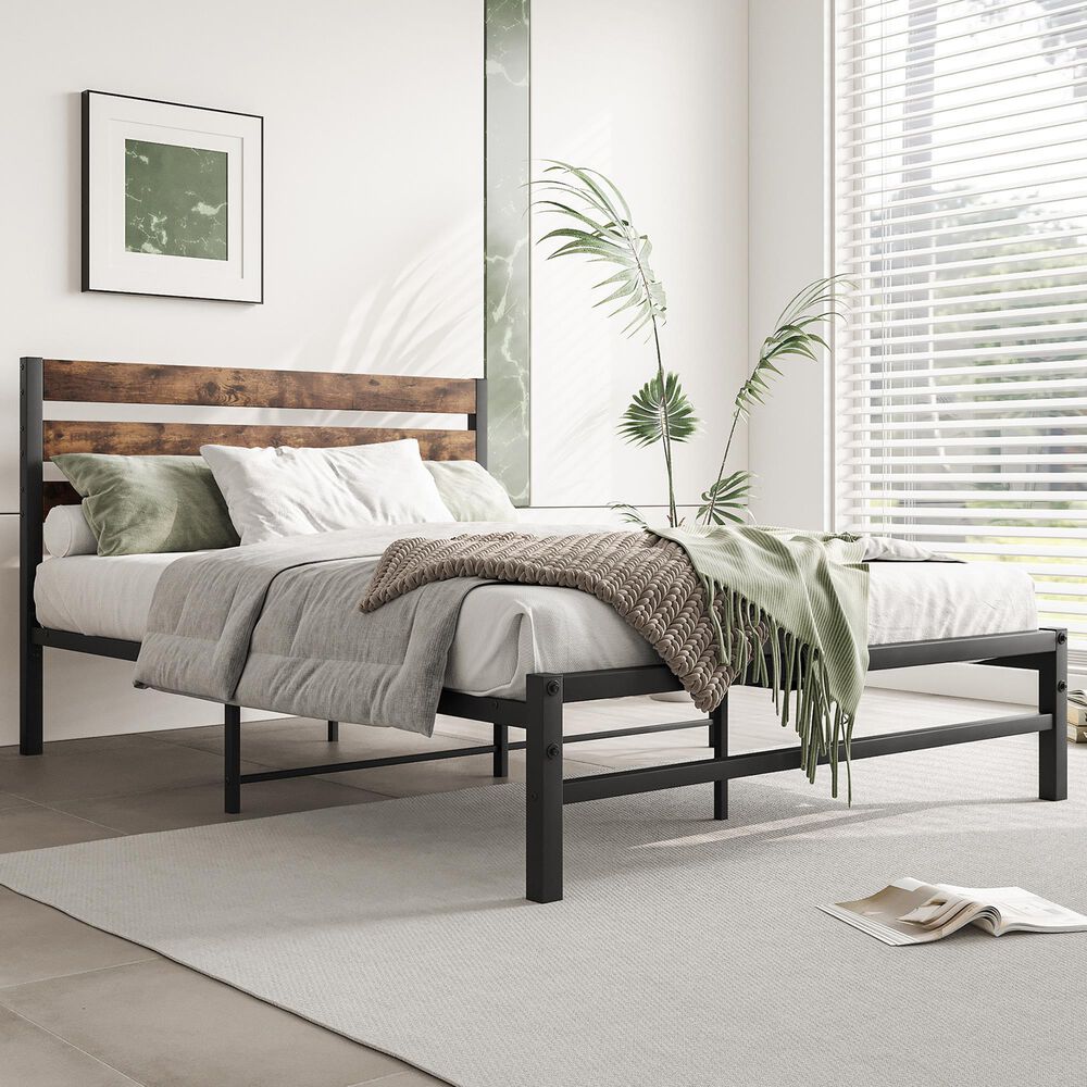 Hearth and Haven Full Platform Bed with Slat Wood Headboard in Black and Rustic Brown, , large