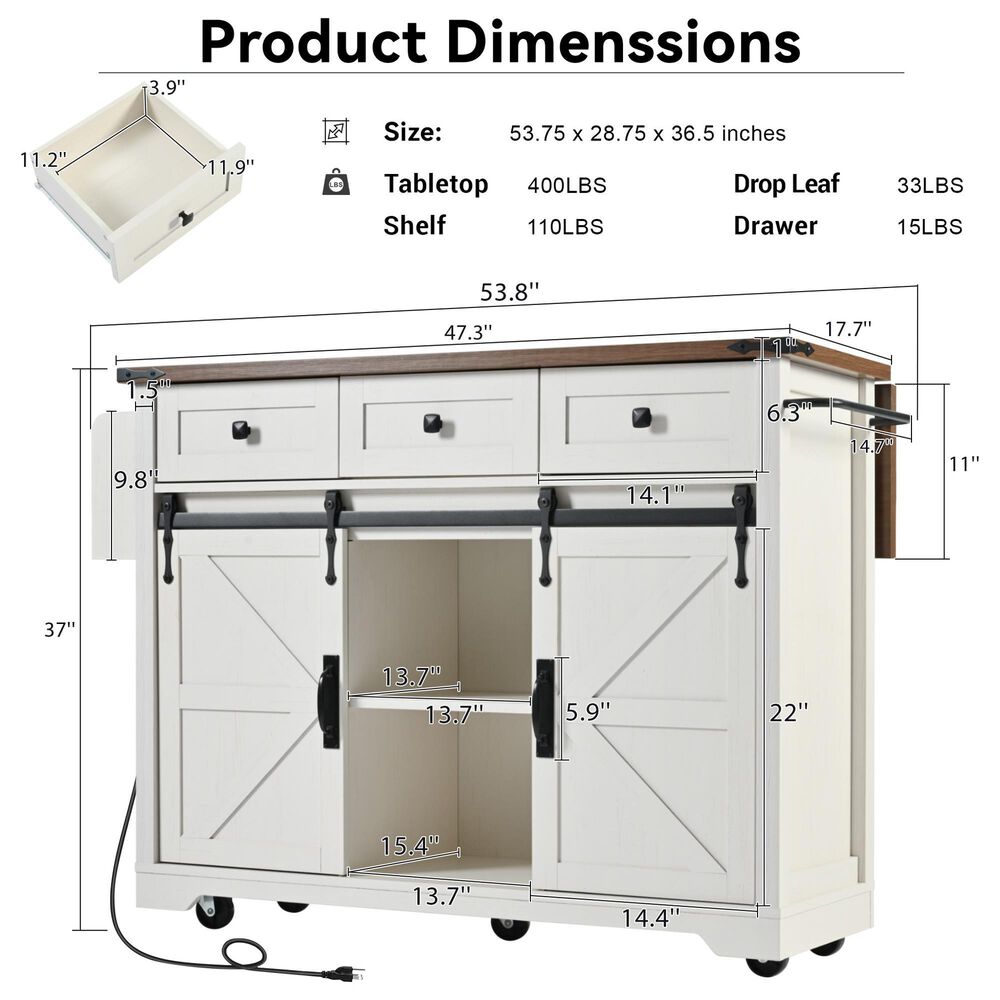 HOMLUX 54" Kitchen Island with Sliding Barn Door in White, , large