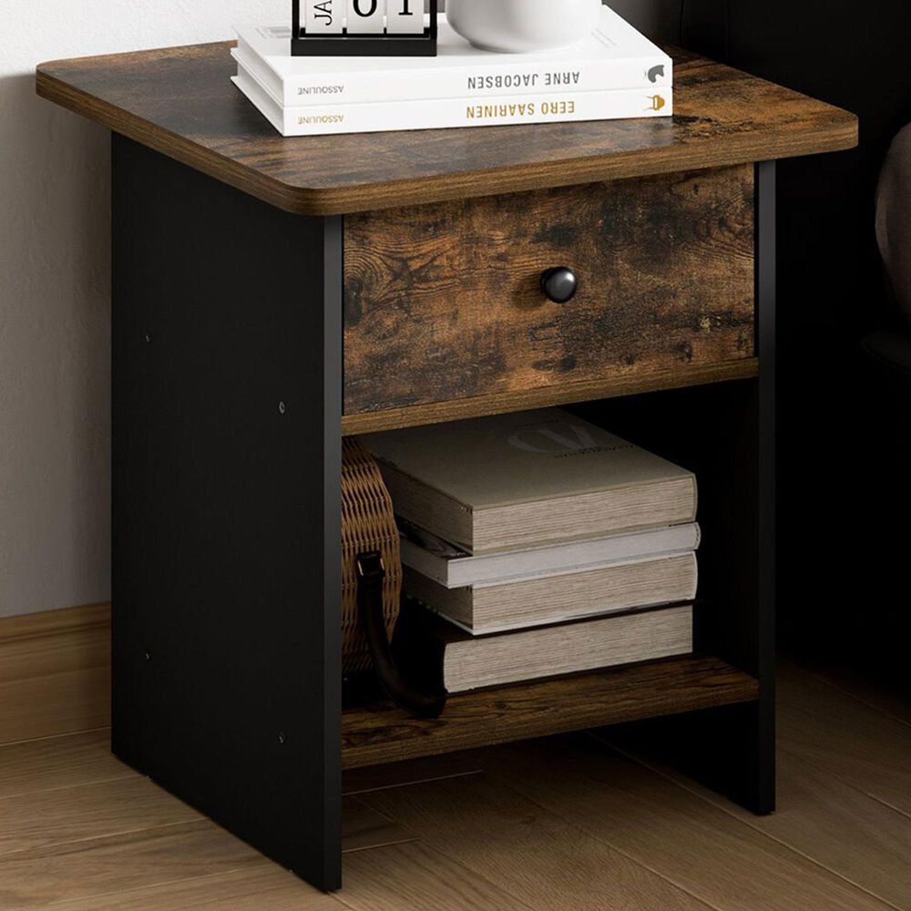 HOMLUX 1-Drawer Modern Nightstand with Open Shelf in Amber Pine and Black, , large