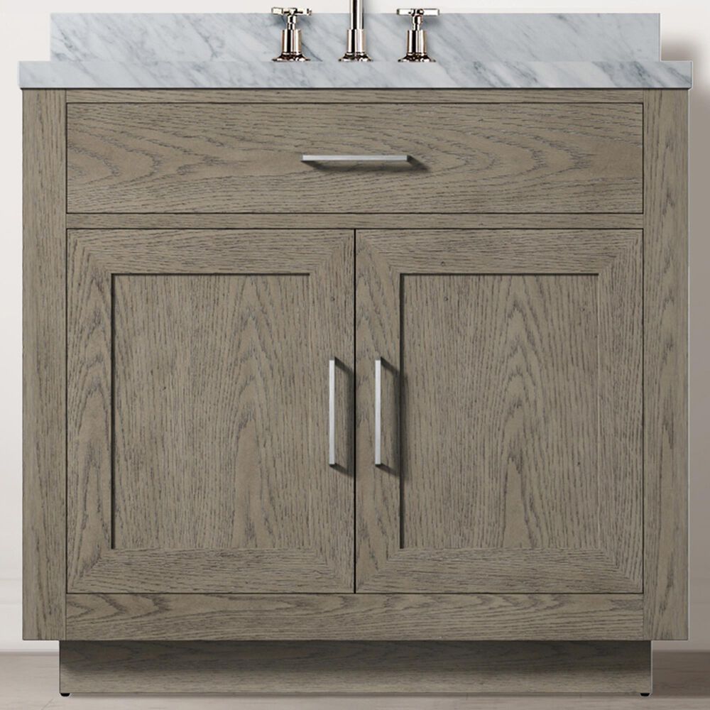 Lexora Home Abbey 36&quot; Single Bathroom Vanity in Grey Oak with 2 cm White Carrara Marble Top and Rectangular Sink, , large