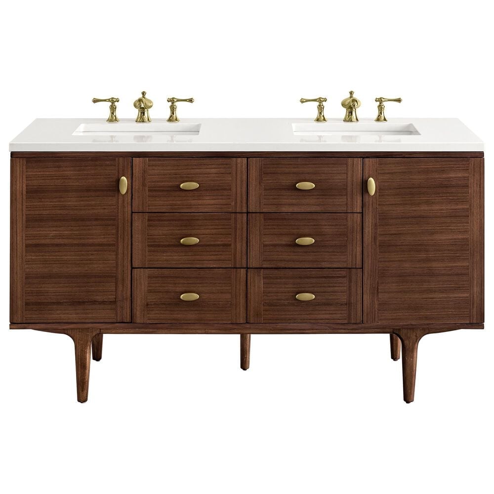 James Martin Vanities Amberly 60" Double Bathroom Vanity in Walnut with 3 cm Carrara White Marble Top and Rectangular Sinks, , large
