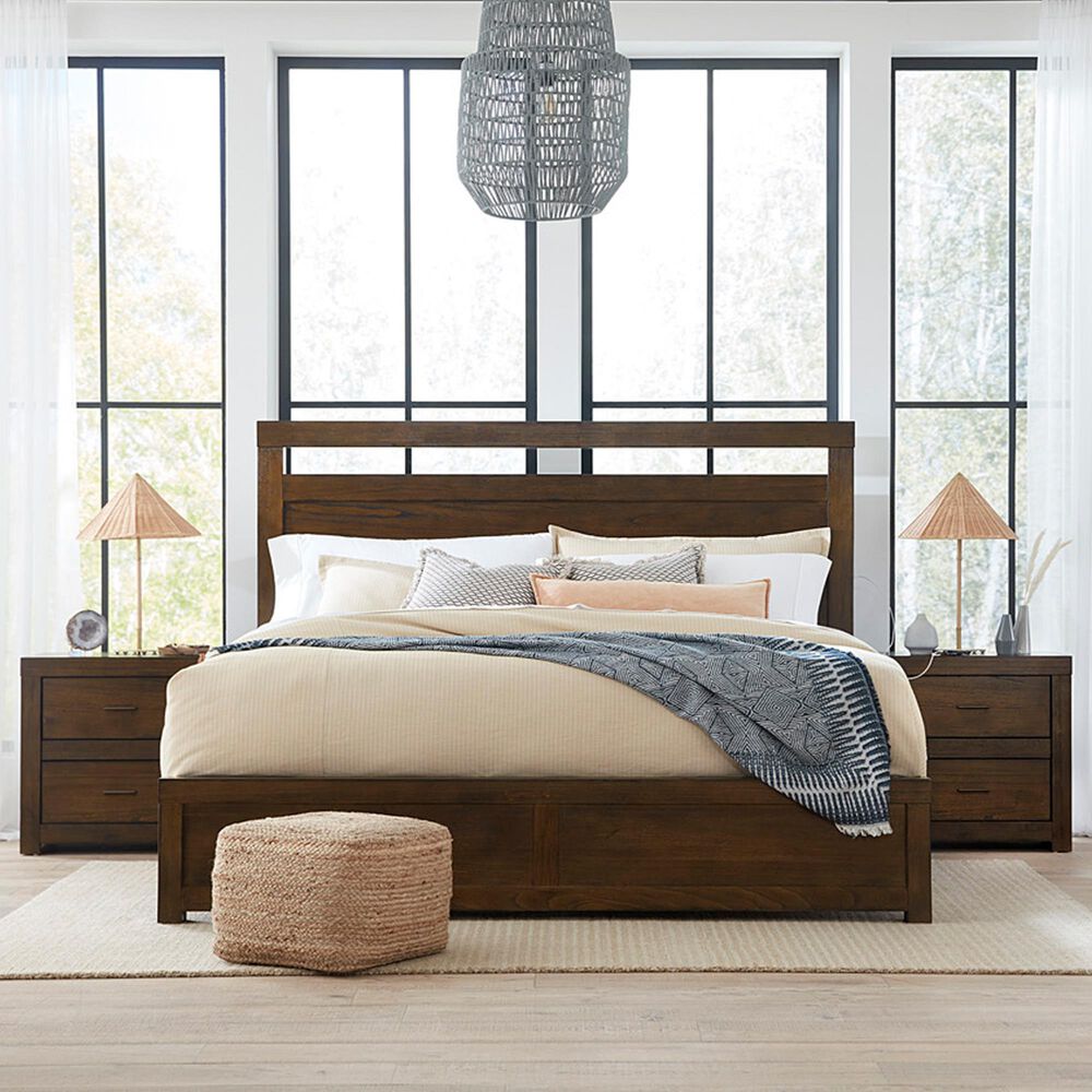 Riva Ridge Modern Loft Queen Panel Bed with Two Nightstands in Brownstone, , large