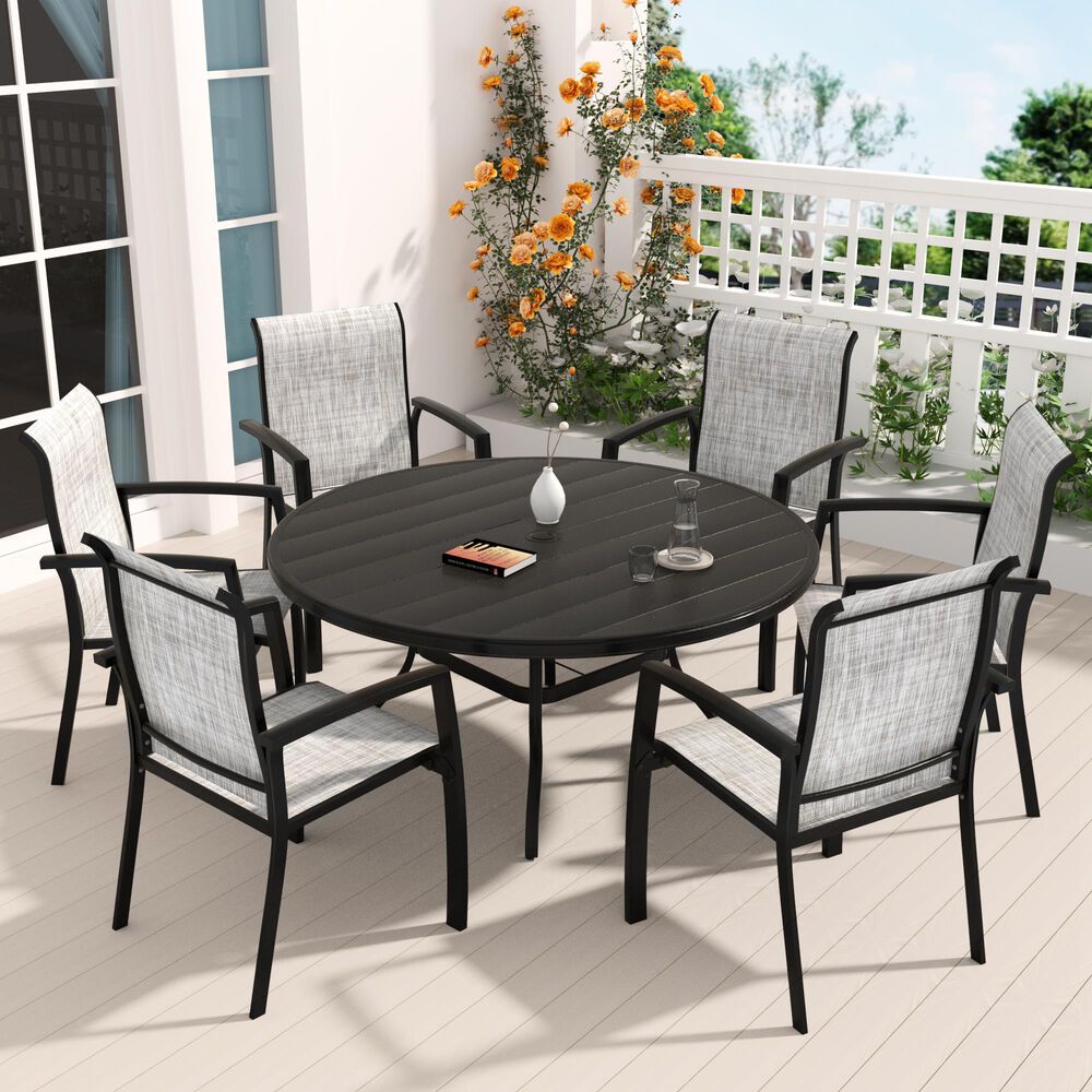 Hearth and Haven 7-Pieces Outdoor Dining Set with Stackable Chairs and Round Table in Black, , large