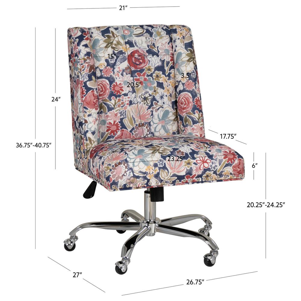 Linon Home Decor Draper Office Chair with Navy Floral Cushion in Silver, , large