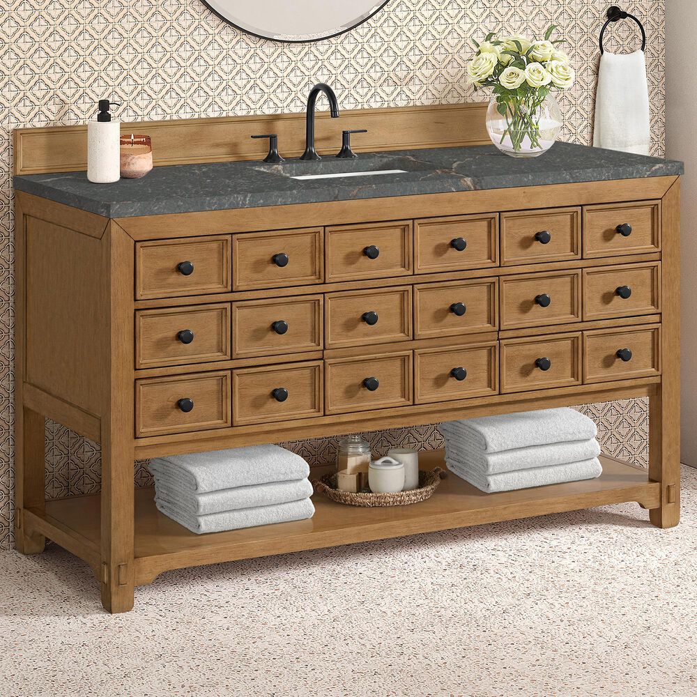 James Martin Malibu 60&quot; Single Bathroom Vanity in Amber Birch with 3 cm Parisien Bleu Quartz Top and Rectangular Sink, , large