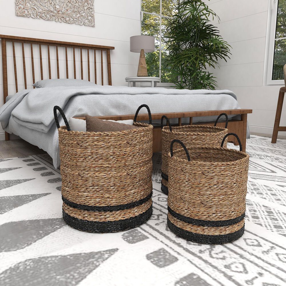 Maple and Jade Seagrass Storage Basket in Brown and Black &#40;Set of 3&#41;, , large