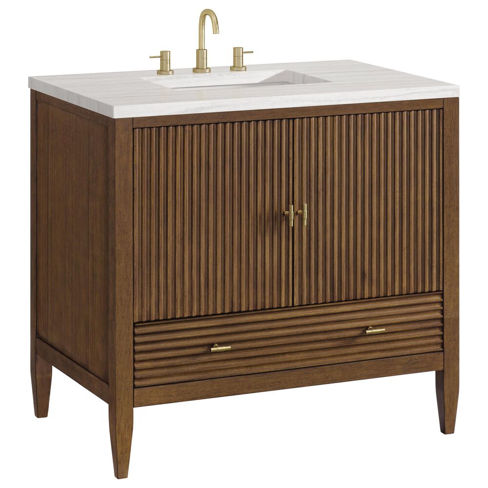 James Martin Vanities Myrrin 36" Vanity in Mid-Century Walnut with 3 cm Arctic Fall Solid Surface Top, , large